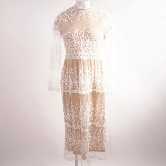 Polagram Dresses & Skirts - Polagram Cream Lace Embroidered Tiered Midi Dress